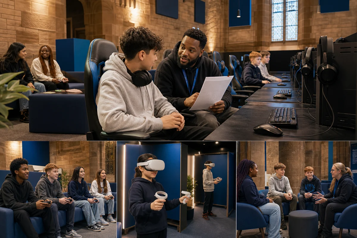 A welcoming unbranded esports room in Glasgow with a young player and an adult facilitator seated beside generic PC stations, discussing a session plan with relaxed body language, warm sandstone interior details, ocean-blue accents, diverse participants, no visible screens with text, logos or game imagery.