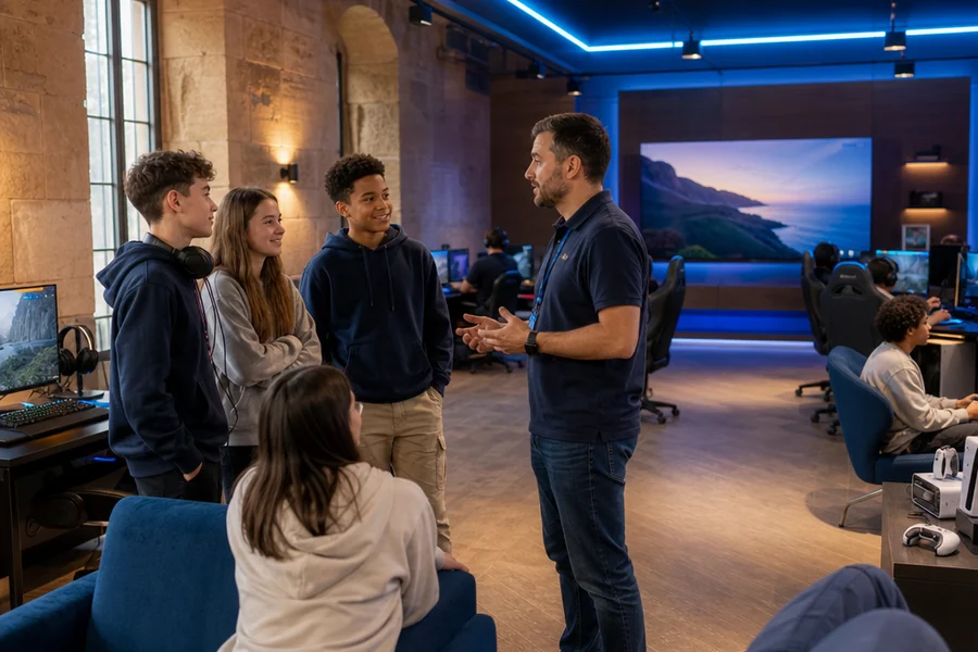 A text-free arrival scene inside a welcoming community esports venue, showing a small mixed-age group speaking with an adult facilitator near generic PC and console areas, with visible seating and clear uncluttered access routes, no logos, screens with text or signage.