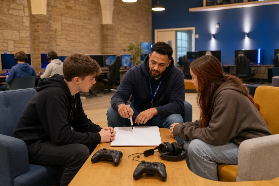 A calm, text-free conversation scene in a community esports venue, with an adult facilitator and two visitors reviewing a simple blank planning sheet beside generic controllers and headsets, warm neutral lighting, accessible seating, no written content, logos or branded equipment.